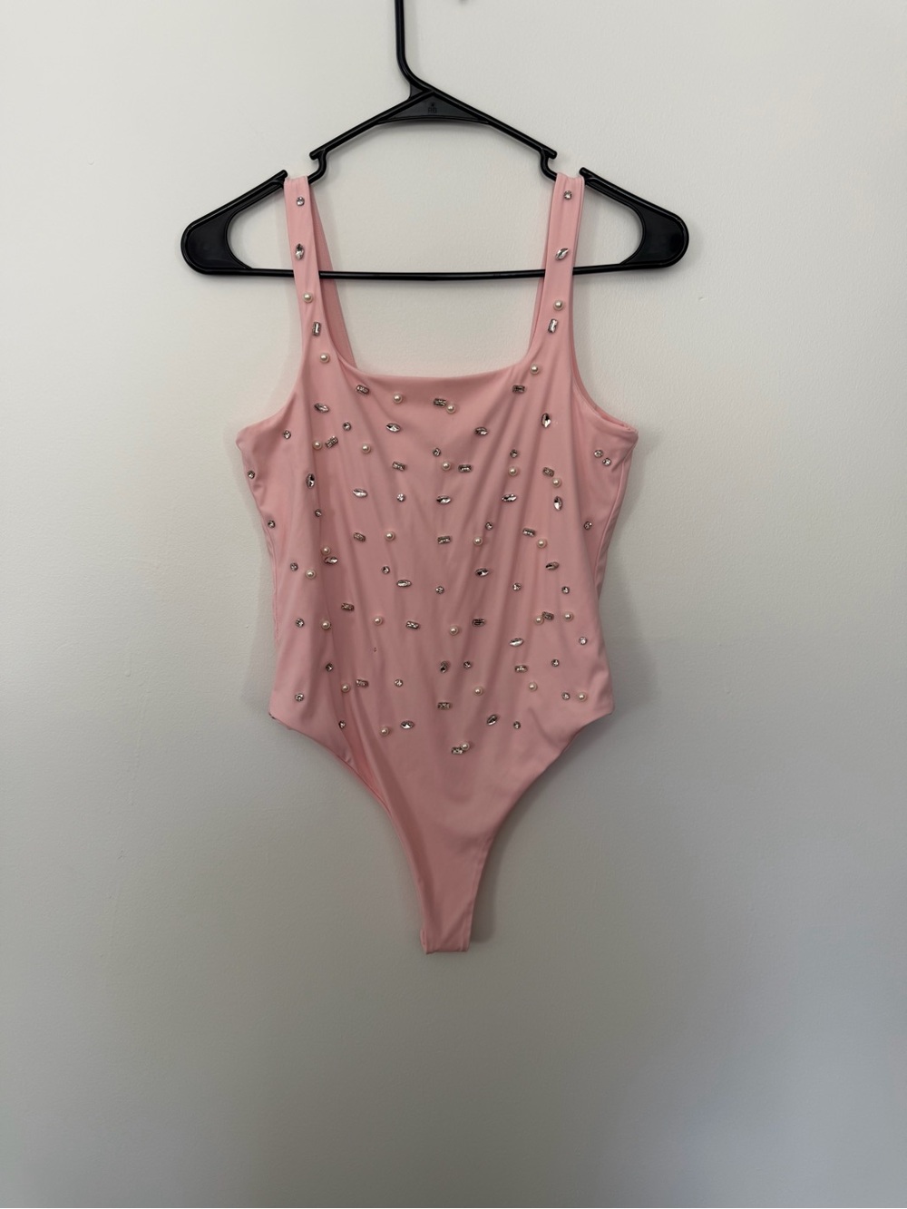 Womenโs Pink Rhinestone Bodysuit